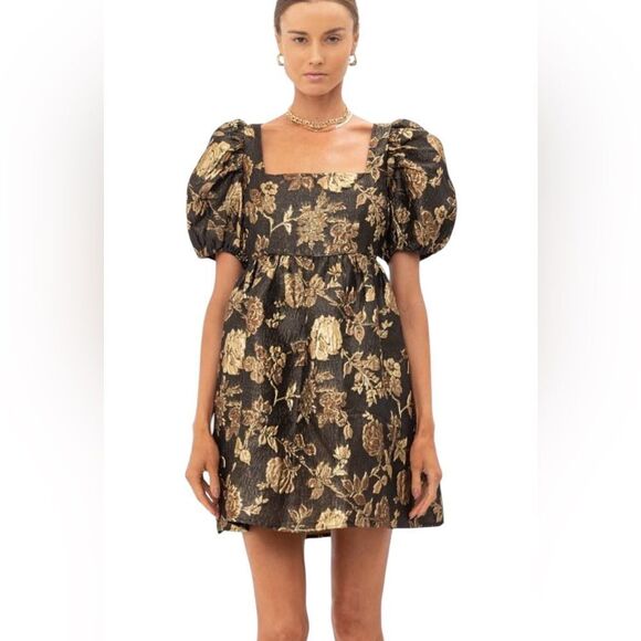 Sophie the Label Gold Puff Sleeve Metallic Jacquard Mini Dress S NWT - Picture 1 of 6